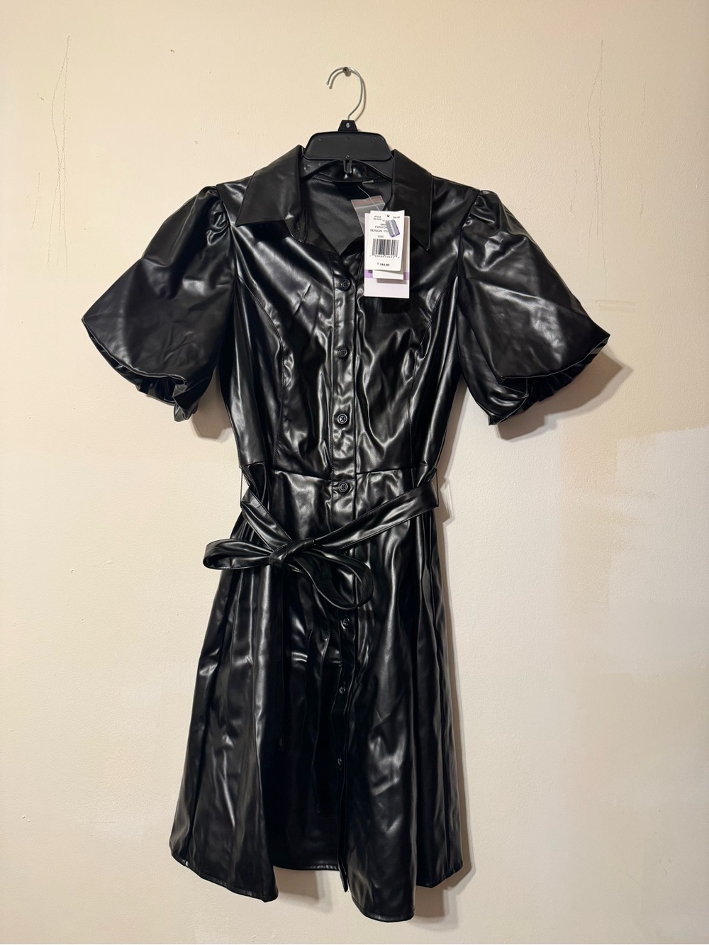 Women's Black Faux Leather Button-Front Mini Dress with Tie Waist